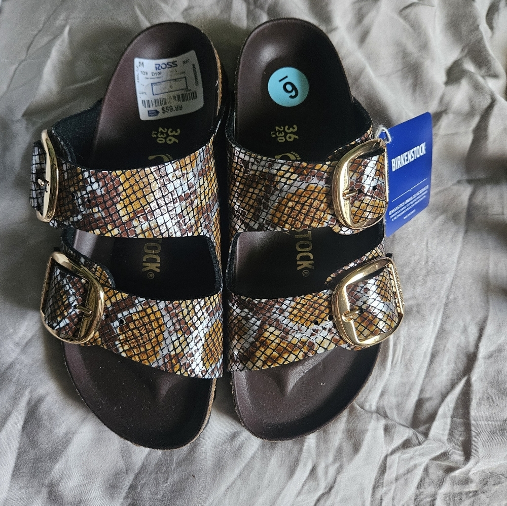 NWT Birkenstock Multicolor Sandals with Gold Buckles, Size 6